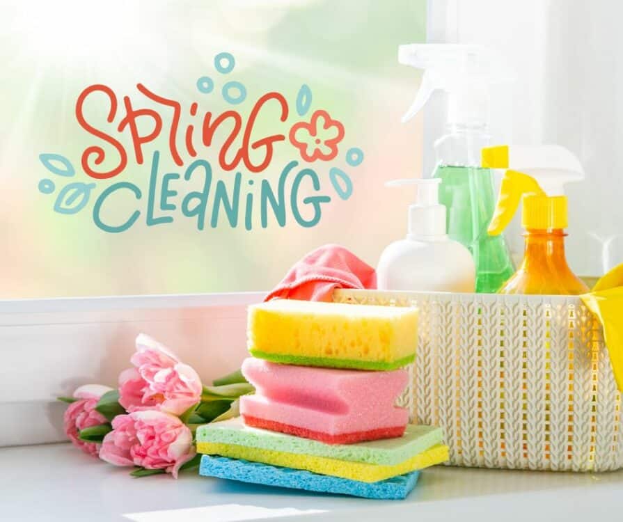 Spring Cleaning image of fresh cleaning supplies and flowers.
