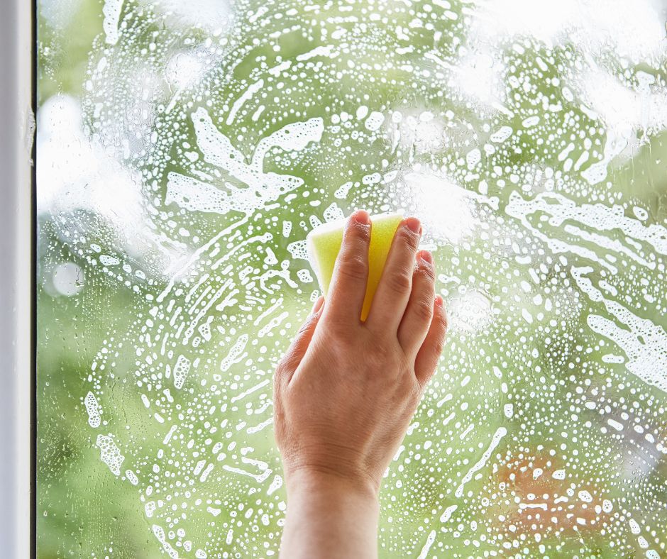 Cleaning a window as part of spring cleaning.